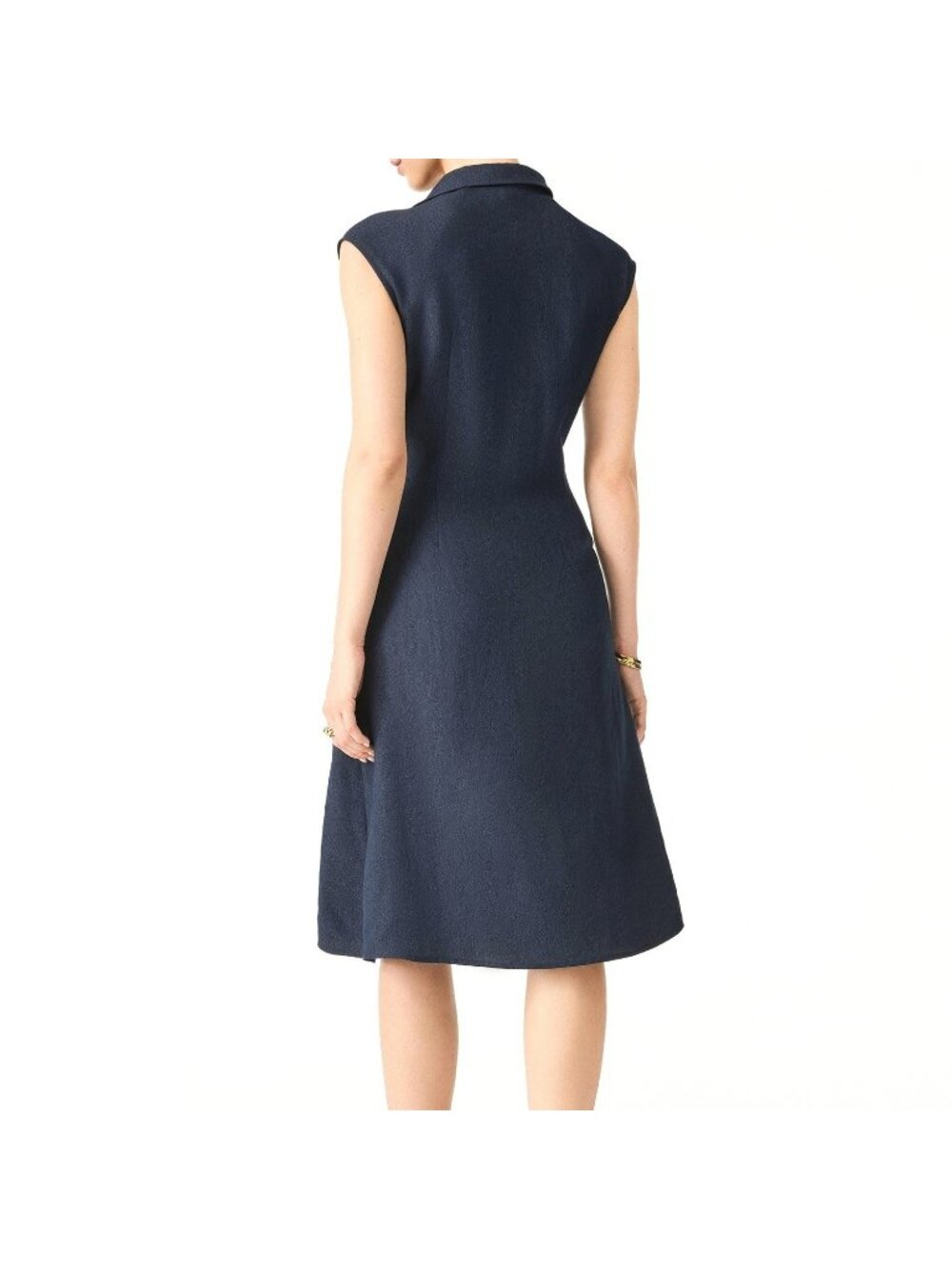 OGL Move Viscose-Linen Collared V-neck Midi Dress Drawstring Denim Navy Medium - Picture 3 of 7